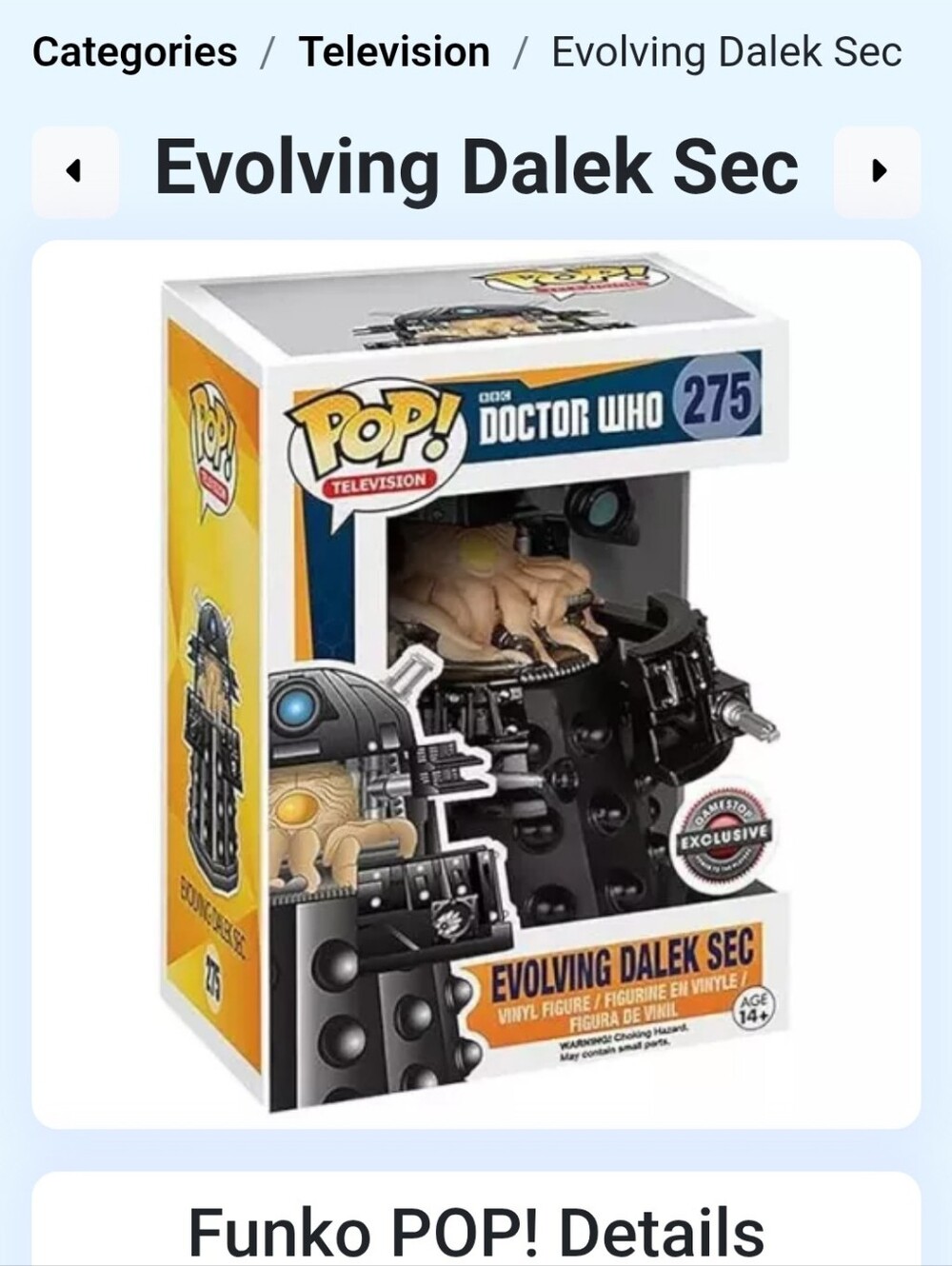 Funko Evolving Dalek Sec Vinyl Figure - Black & Tan